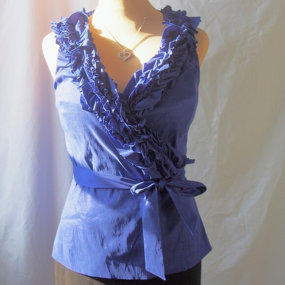Calvin Klein Royal Blue Ruffled Crossover Wrap Top Size M - Picture 1 of 16